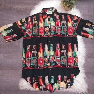 Vintage 100% silk button up top beer bottle print